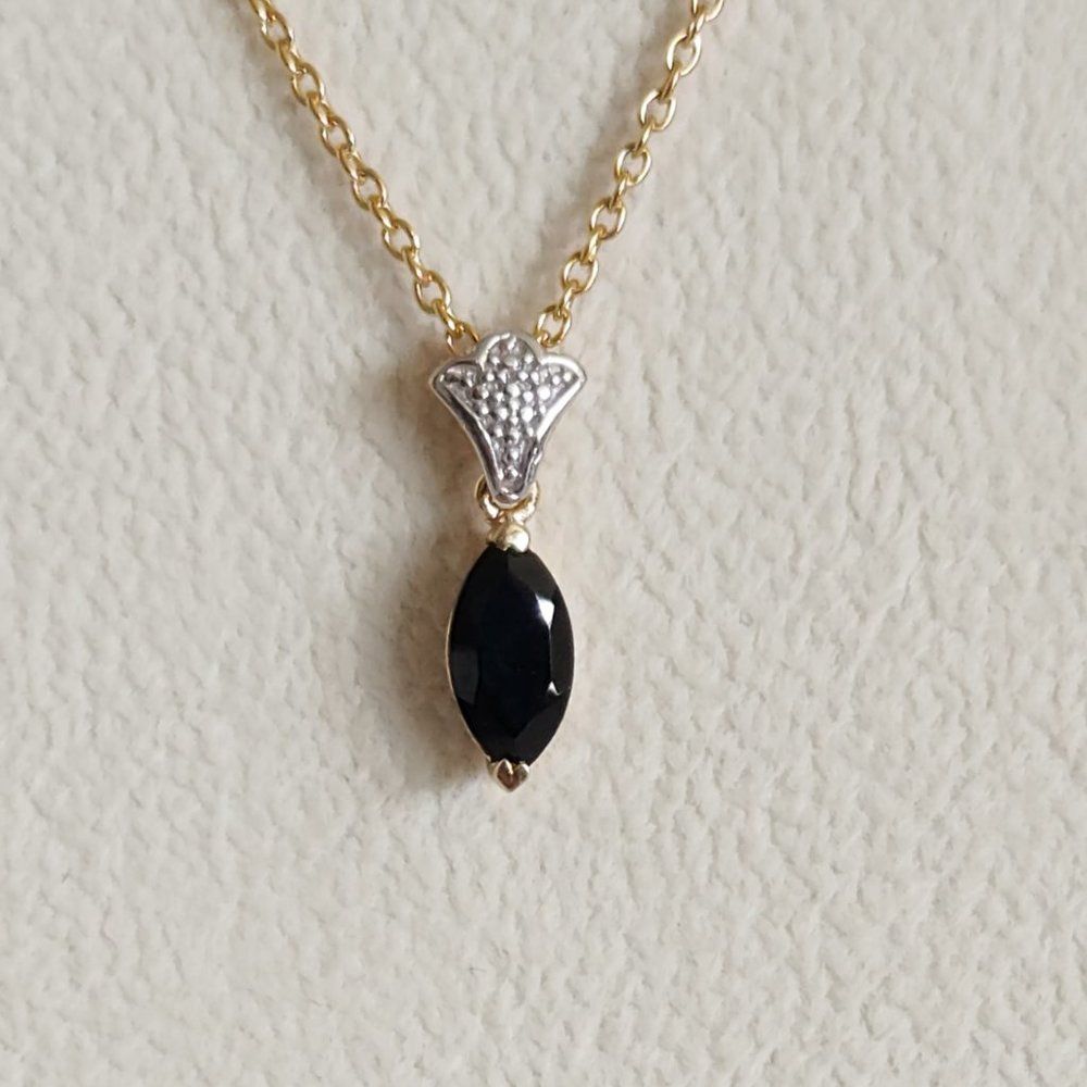 Black Spinel Pendant Necklace 14k Yg And Stainless Steel Chain